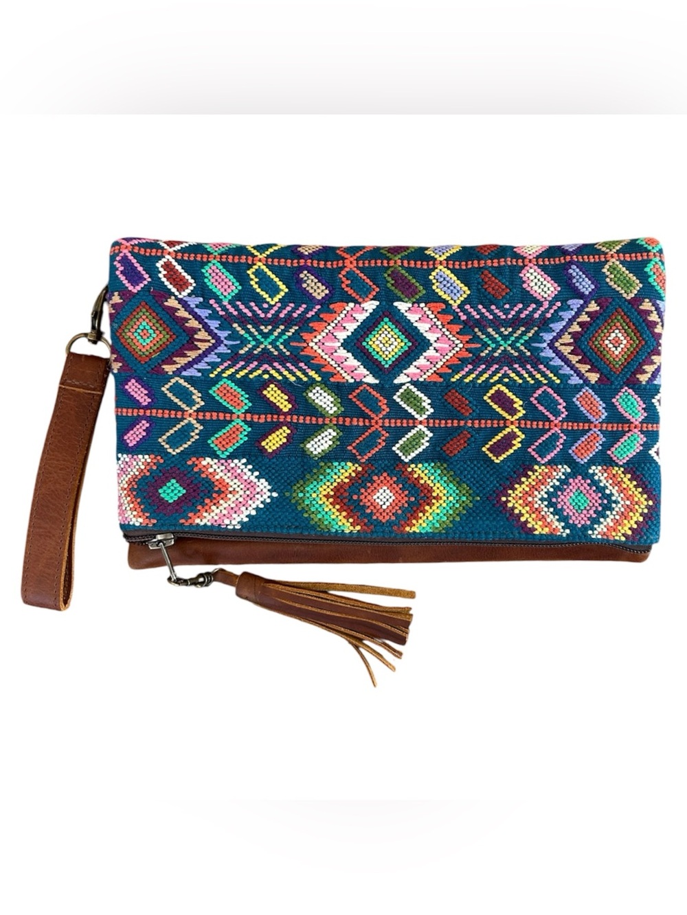 Guatemalan Artisan | Women’s Multicolor Canvas/Leather Boho Embroidered Clutch - Picture 14 of 14